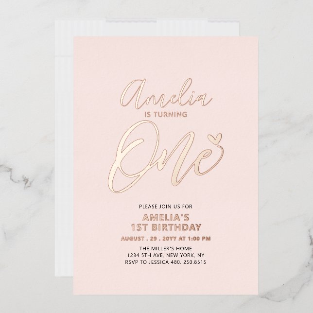 Invitation En Aluminium Rose Gold & Pink Heart One 1st Girl Birthday Party (Enveloppe)