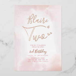 Invitation En Aluminium Rose Gold & Pink Heart Two Girl 2nd Birthday Party