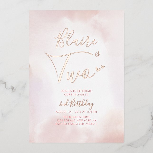 Invitation En Aluminium Rose Gold & Pink Heart Two Girl 2nd Birthday Party (Recto)