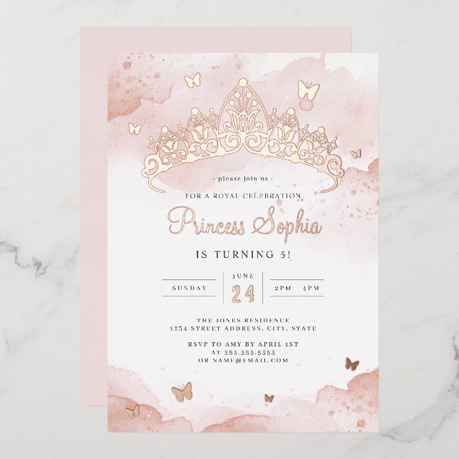 Invitation En Aluminium Rose Gold Princess Girls Anniversaire (Recto/Verso)