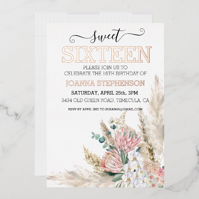 Invitation En Aluminium Rose Gold Real Foil Sweet 16 Seize Bohème Floral  (Enveloppe)