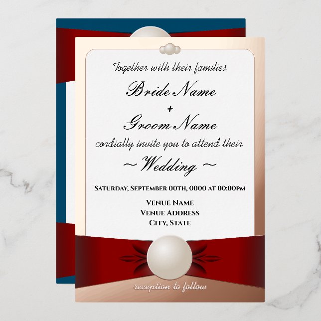 Invitation En Aluminium Rose Gold_Red_Blue_Pearl Ribbon_Ceremony/Réception (Recto/Verso)