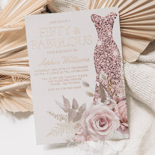 Invitation En Aluminium Rose Gold, Robe rose pâle 50e fête d'anniversaire