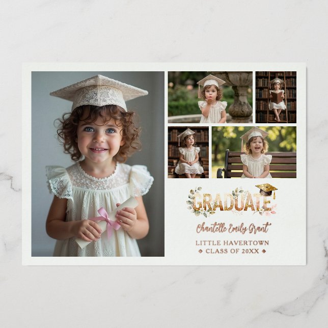 Invitation En Aluminium Rose Gold Romantic Floral Pre-K Graduation 5-Photo (Recto)