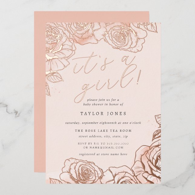 Invitation En Aluminium Rose Gold Rose Fille C'est une fille Baby Shower  (Recto/Verso)