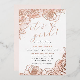 Invitation En Aluminium Rose Gold Rose Floral C'est une fille Baby Shower 