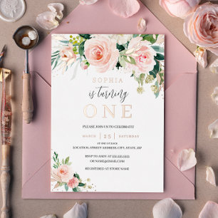 Invitation En Aluminium Rose Gold Rose Foncé Floral Fille 1er Anniversaire