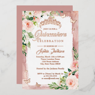 Invitation En Aluminium Rose Gold Rose Fushia Papillon Floral Quinceanera