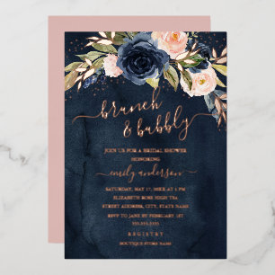 Invitation En Aluminium Rose Gold Rose Navy Floral Brunch Et Champagne