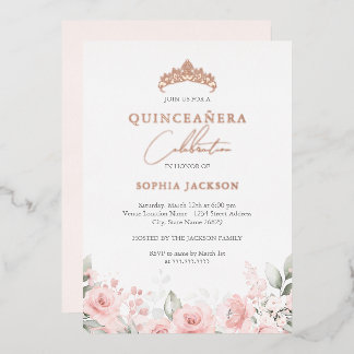 Invitation En Aluminium Rose Gold Rose Pâle Aquarelle Florale Quinceanera