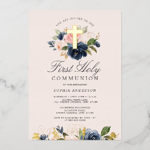 Invitation En Aluminium Rose Gold Rose Pâle Floral Fille Première Communio