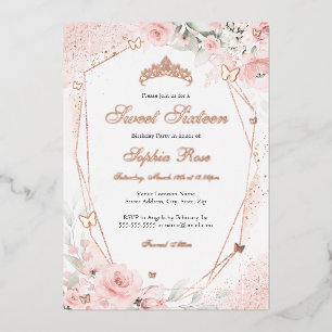 Invitation En Aluminium Rose gold rose poudré papillon floral Sweet 16