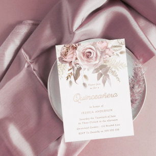 Invitation En Aluminium Rose Gold, Rose Poussière et Fleurs Blush Quinceañ