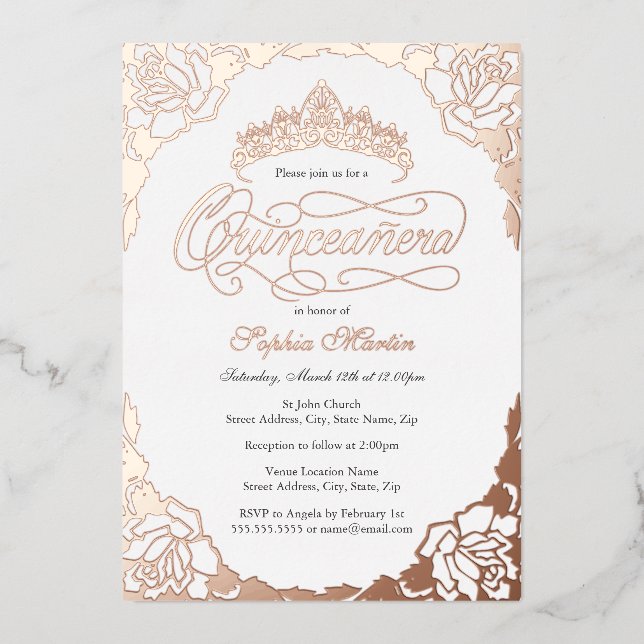 Invitation En Aluminium Rose Gold Royale Élégant Script Quinceanera  (Recto)