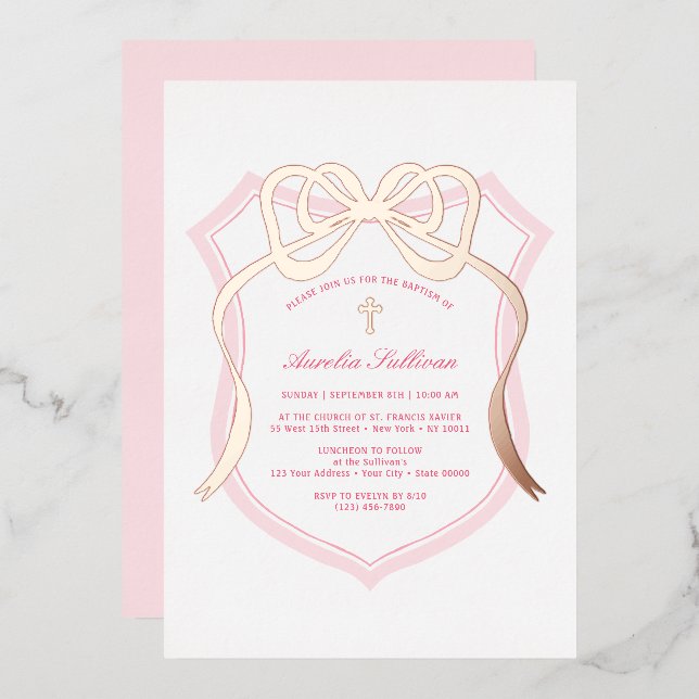 Invitation En Aluminium Rose Gold Ruban Rose Crest Baptême (Recto/Verso)