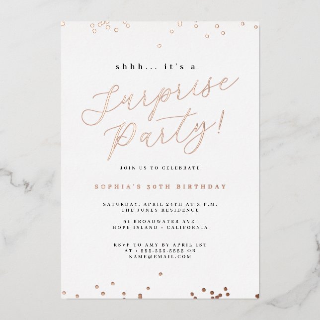 Invitation En Aluminium Rose Gold Script Confetti Surprise Party (Recto)