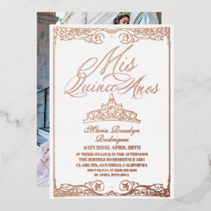 Invitation En Aluminium Rose Gold Script Élégant Quinceanera Photo Feuil