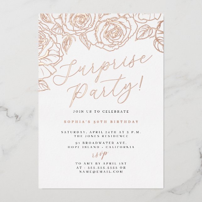 Invitation En Aluminium Rose Gold Script Floral Surprise Party (Recto)