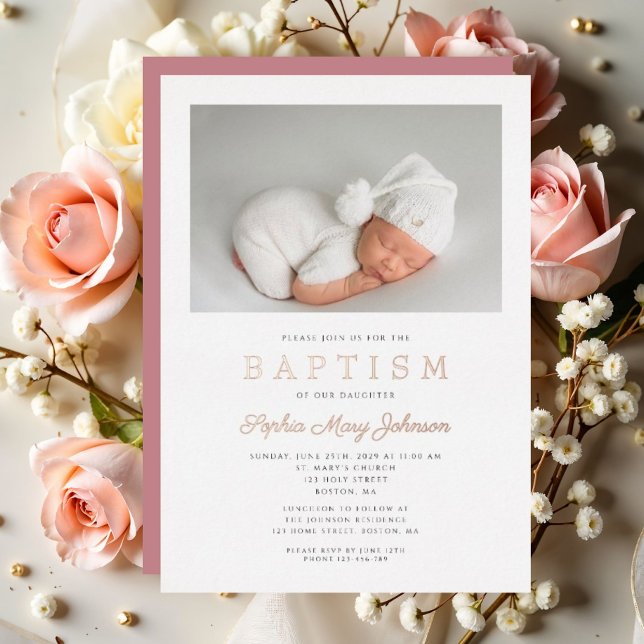 Invitation En Aluminium Rose Gold Script Modern rose Photo Girl Baptême (Rose Gold Script Modern Pink Photo Girl Baptism Foil Invitation)