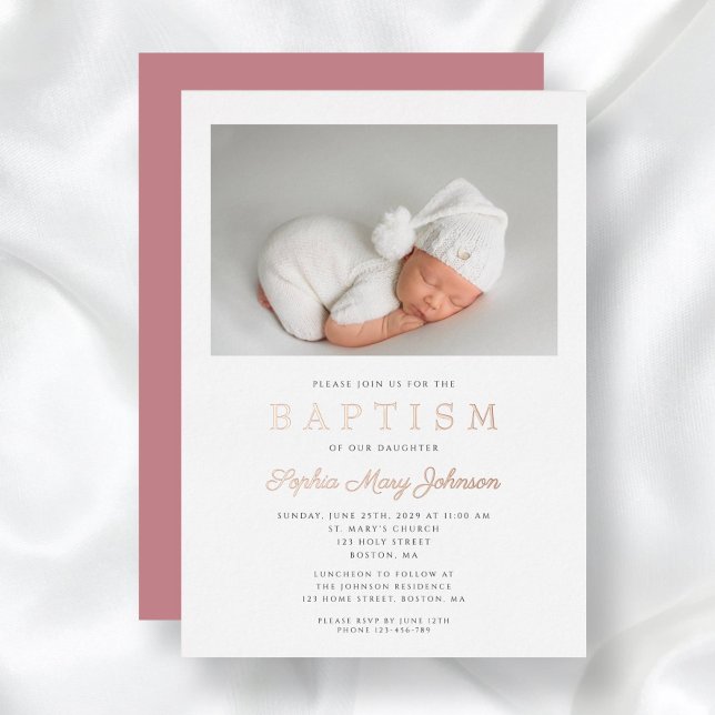 Invitation En Aluminium Rose Gold Script Modern rose Photo Girl Baptême (Rose Gold Script Modern Pink Photo Girl Baptism Foil Invitation)
