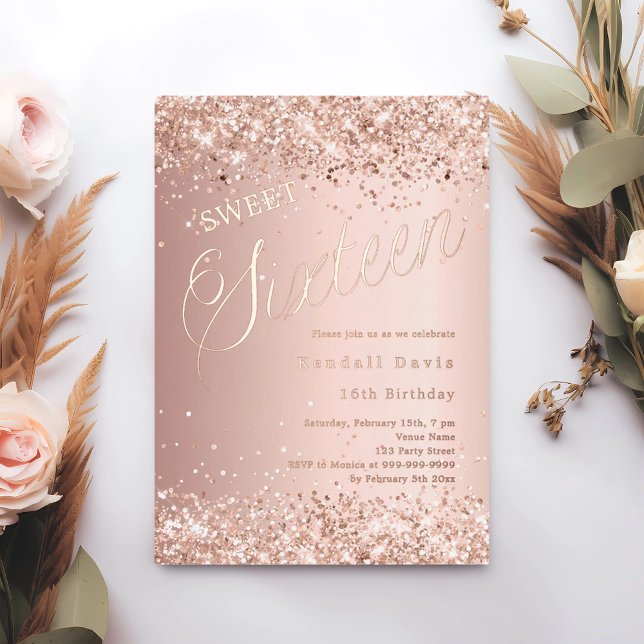 Invitation En Aluminium Rose gold script modern Sweet 16 (Créateur téléchargé)