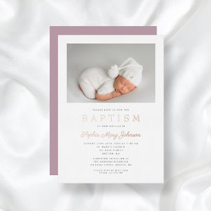 Invitation En Aluminium Rose Gold Script Purple Photo Girl Baptême