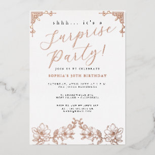 Invitation En Aluminium Rose Gold Script Rose Fête Surprise Feuille