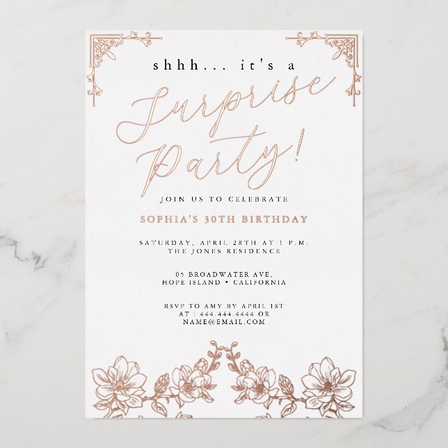 Invitation En Aluminium Rose Gold Script Rose Fête Surprise Foil (Recto)