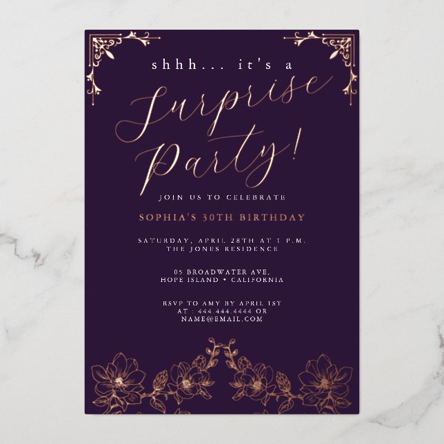 Invitation En Aluminium Rose Gold Script Rose Fête Surprise Foil (Recto)