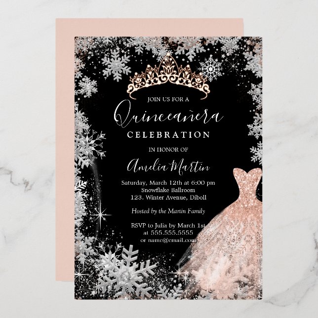 Invitation En Aluminium Rose Gold Silver Black Snowflake Quinceanera (Recto/Verso)