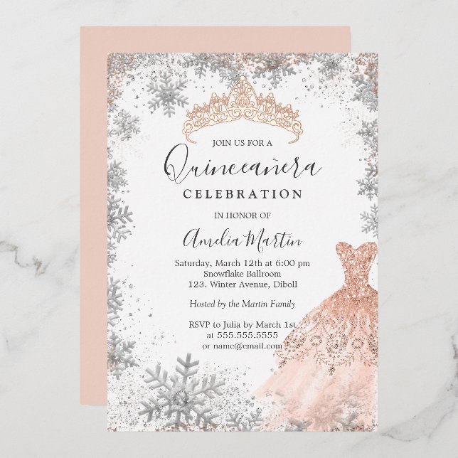 Invitation En Aluminium Rose Gold Silver Snowflake Hivernal Quinceanera (Recto/Verso)