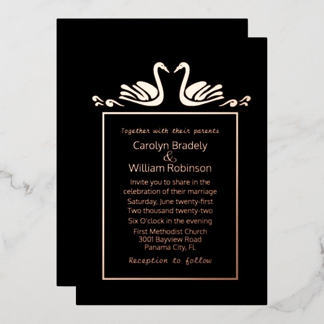Invitation En Aluminium Rose Gold Swans Mariage noir (Recto/Verso)