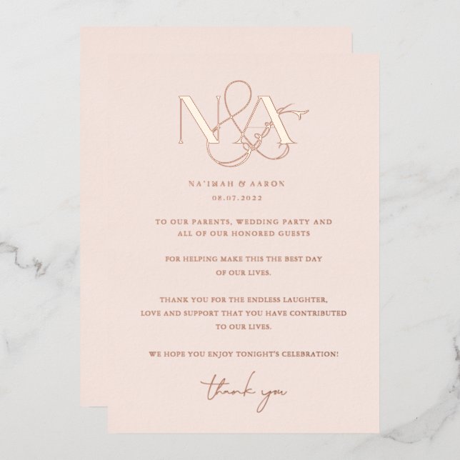 Invitation En Aluminium Rose Gold | Table de mariage Merci  (Recto/Verso)