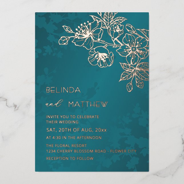 Invitation En Aluminium Rose Gold Teal Floral Wedding (Recto)