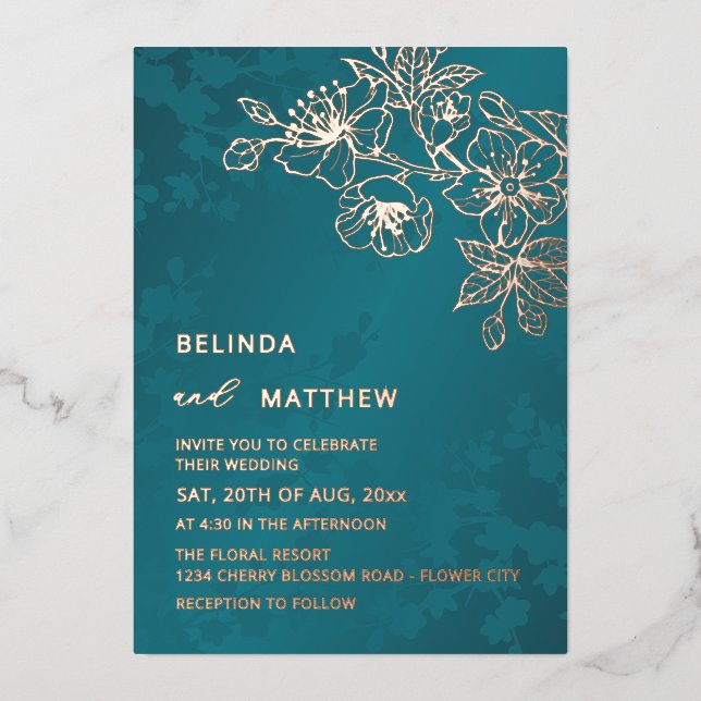 Invitation En Aluminium Rose Gold Teal Floral Wedding (Recto)