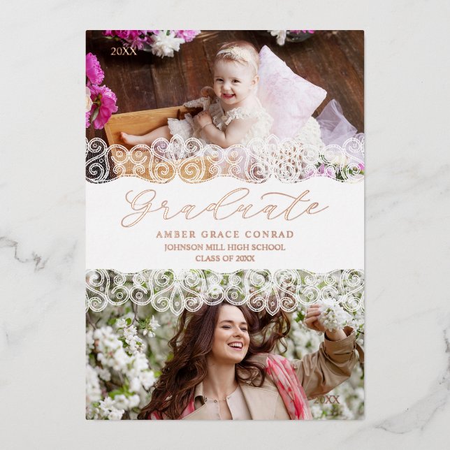 Invitation En Aluminium Rose Gold Then & Now Chic Lace Romantic Graduate (Recto)