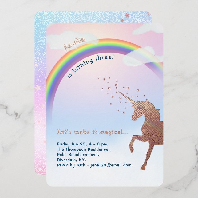 Invitation En Aluminium Rose Gold Unicorn Rainbow Parties scintillant Magi (Recto/Verso)