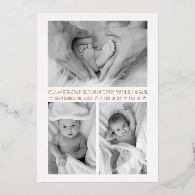 Invitation En Aluminium Rose Gold White 3 Photo Bonjour bébé Naissance à n (Recto)