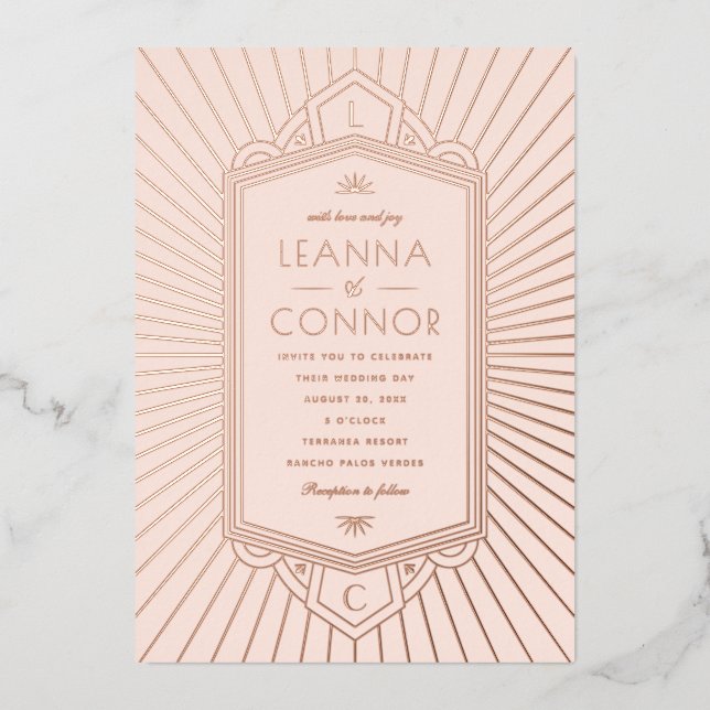 Invitation En Aluminium Rose Golden Rays Initials Art Déco Mariage  (Recto)