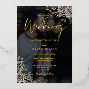 Invitation En Aluminium Rose gothique Floral Photo Mariage Noir Et Or