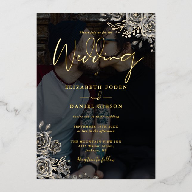 Invitation En Aluminium Rose gothique Floral Photo Mariage Noir Et Or (Recto)