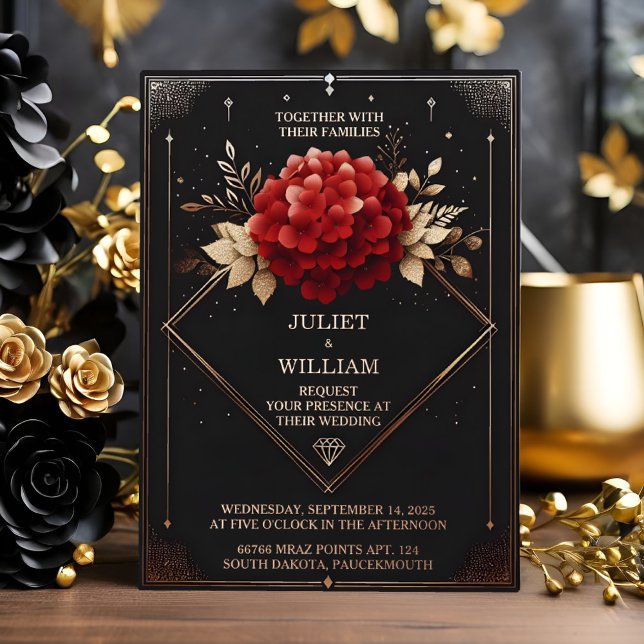 Invitation En Aluminium Rose Jardin Diamant Rouge Noir Et Mariage Or (Créateur téléchargé)