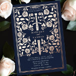 Invitation En Aluminium Rose médiéval bleu  Gold Mariage<br><div class="desc">Entrez dans un conte de romance et de légende ! Ces invitations à un mariage d'imaginaire médiéval présentent une épée royale entrecoupée de fleurs d'or roses sur fond bleu profond. Elles sont parfaites pour les couples à la recherche d'une touche enchanteresse et intemporelle pour leur journée spéciale. Notez que l'or...</div>
