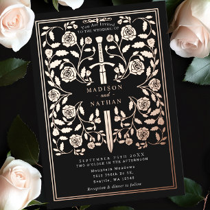 Invitation En Aluminium Rose médiéval noir Mariage d'épée d'or