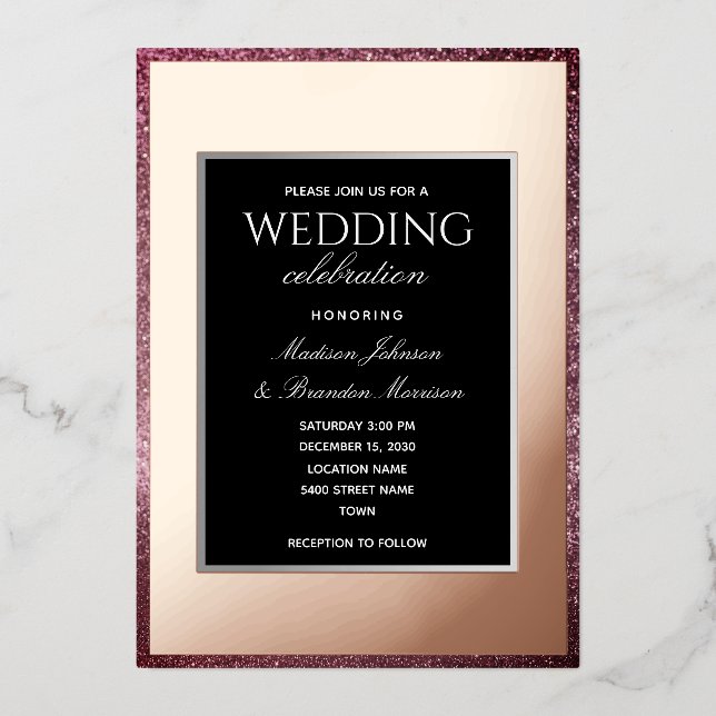 Invitation En Aluminium Rose minimum Gold et Mariage noir (Recto)