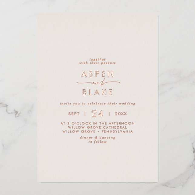 Invitation En Aluminium Rose moderne Gold Foil Script Blush Décontracté Ma (Recto)