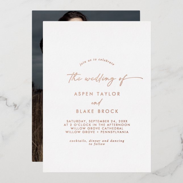 Invitation En Aluminium Rose moderne Gold Foil Script Mariage photo (Recto/Verso)