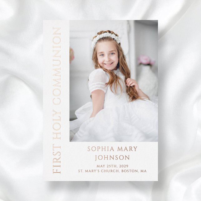 Invitation En Aluminium Rose moderne Gold Photo Girl First Communion (Elegant Girl First Communion Photo Foil Invitation)