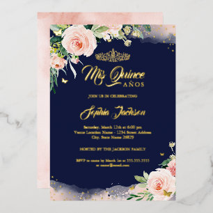 Invitation En Aluminium Rose Navy Fleur Quinceanera Anniversaire
