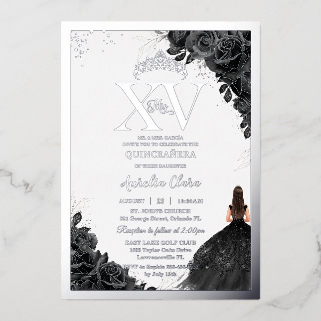 Invitation En Aluminium Rose noir Quinceañera Quince 15 XV Argent (Recto)